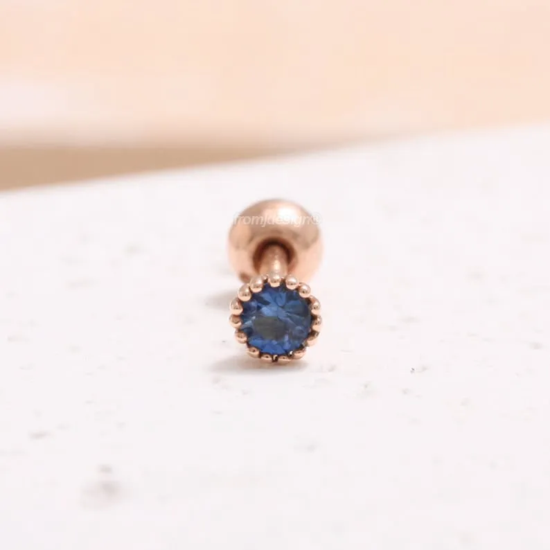 14K 18K Solid Gold 0.07ct Genuine Blue Sapphire Prongs Cartilage Tragus Helix Piercing