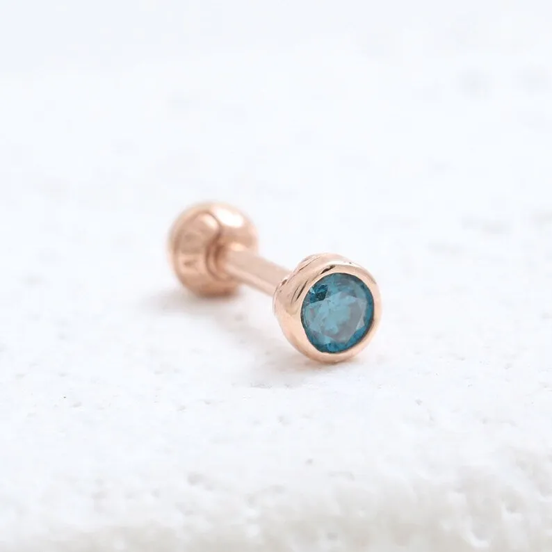 14K 18K Solid Gold  0.1ct Natural Genuine Blue Diamond Bezel Cartilage Tragus Helix Piercing