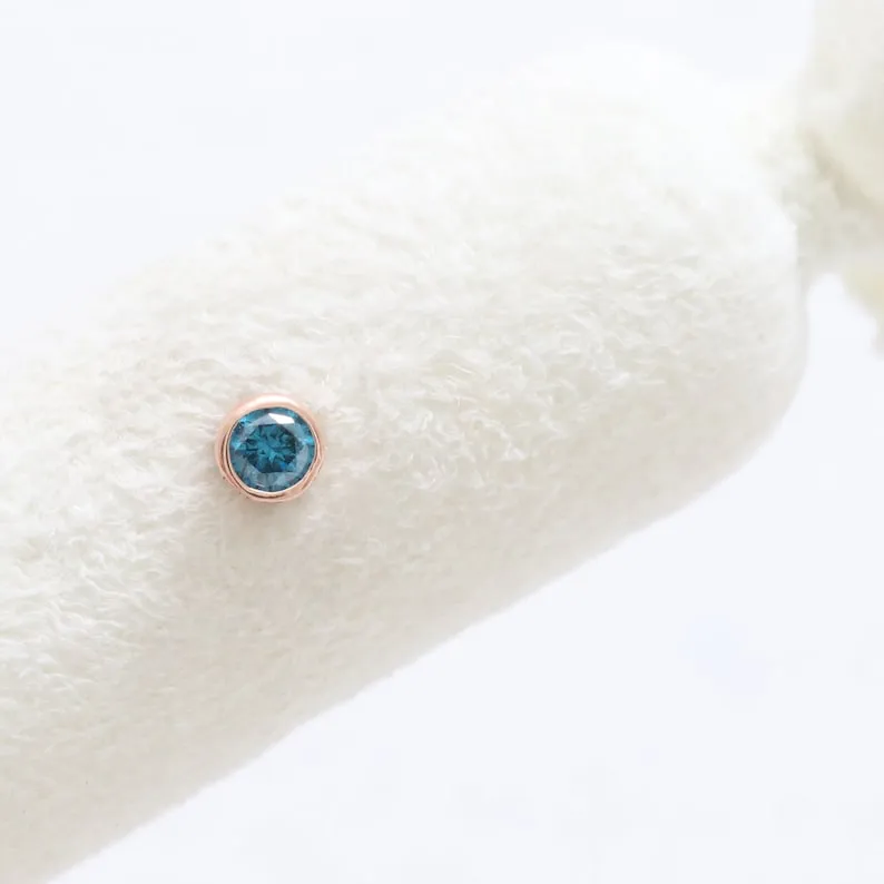 14K 18K Solid Gold  0.1ct Natural Genuine Blue Diamond Bezel Cartilage Tragus Helix Piercing