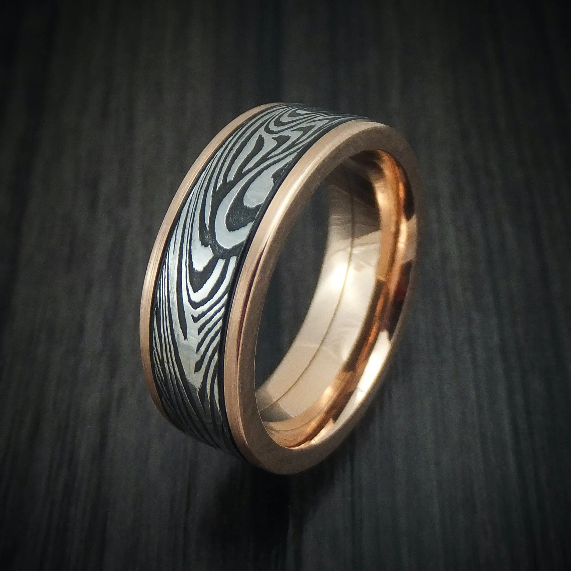 14K Gold and Sunset Kuro Damascus Steel Men's Ring Custom Made