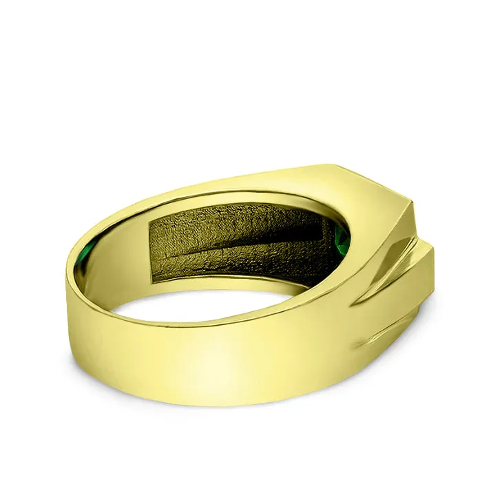 18K Gold Plated 925 Solid Silver Mens Green Emerald Ring 4 Diamond Accent