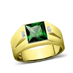 18K Gold Plated 925 Solid Silver Mens Green Emerald Ring 4 Diamond Accent