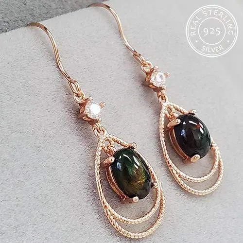 2.40 CT GENUINE ETHIOPIAN BLACK OPAL & CREATED WHITE SAPPHIRE 925 STERLING SILVER DANGLE EARRINGS