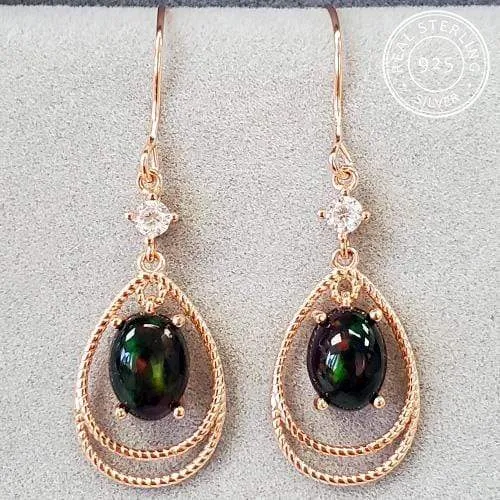 2.40 CT GENUINE ETHIOPIAN BLACK OPAL & CREATED WHITE SAPPHIRE 925 STERLING SILVER DANGLE EARRINGS