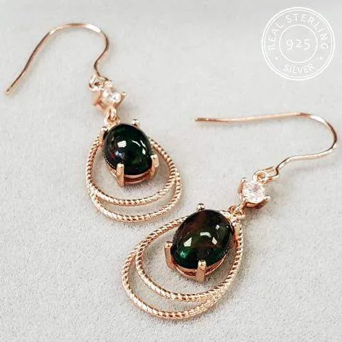 2.40 CT GENUINE ETHIOPIAN BLACK OPAL & CREATED WHITE SAPPHIRE 925 STERLING SILVER DANGLE EARRINGS