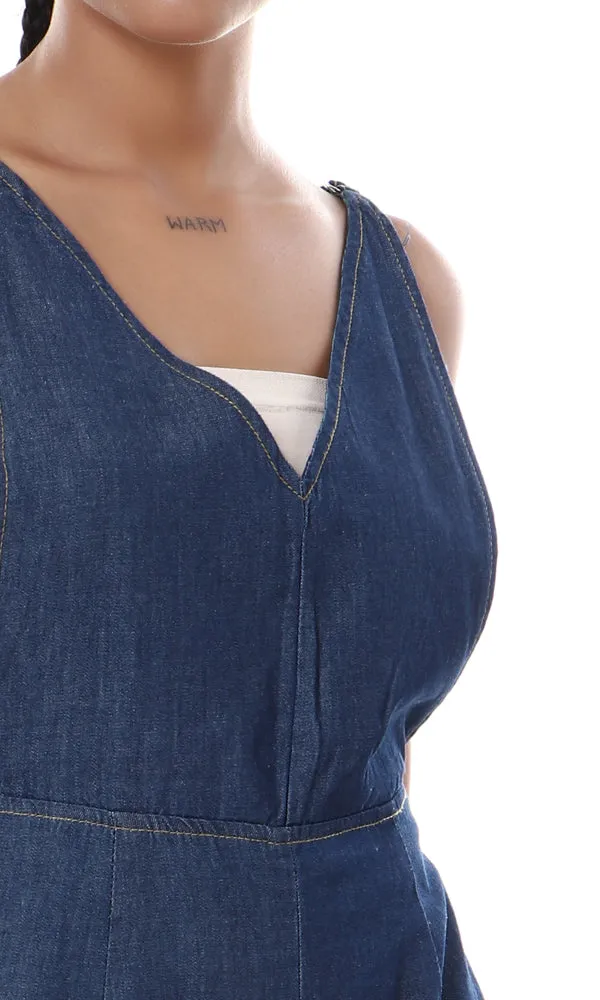 53446 V-Neck Spaghetti Sleeves Dark Blue Denim Jumpsuit