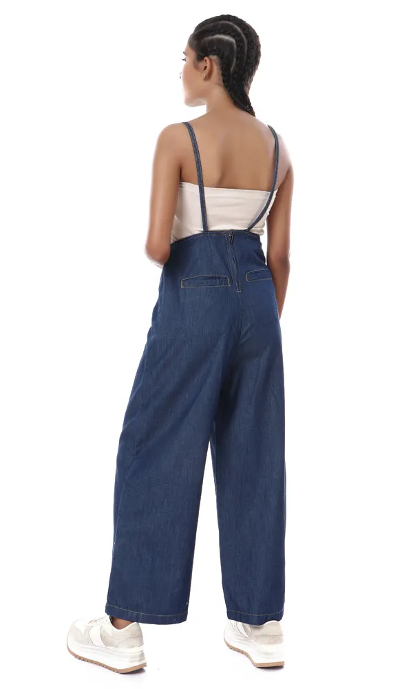 53446 V-Neck Spaghetti Sleeves Dark Blue Denim Jumpsuit