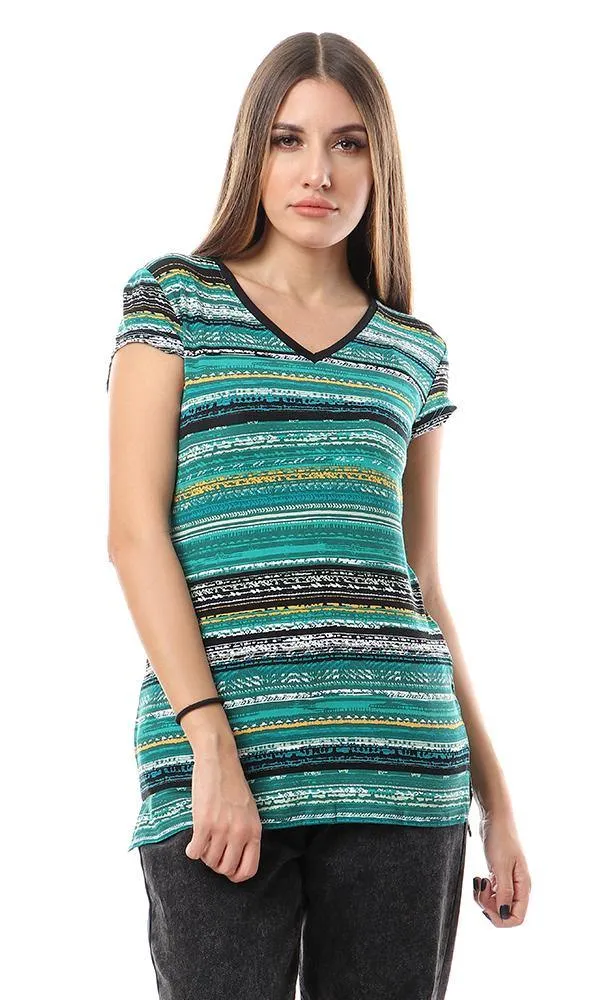 57203 Casual Comfy V-Neck Patterned Green Top