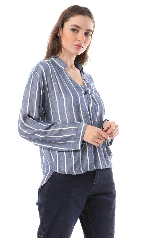 57940 Stripes V-Neck High-Low Shirt - Heather Navy Blue & White