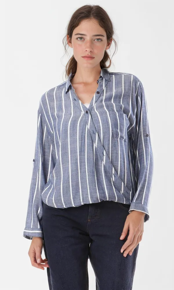 57940 Stripes V-Neck High-Low Shirt - Heather Navy Blue & White