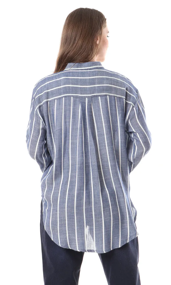 57940 Stripes V-Neck High-Low Shirt - Heather Navy Blue & White