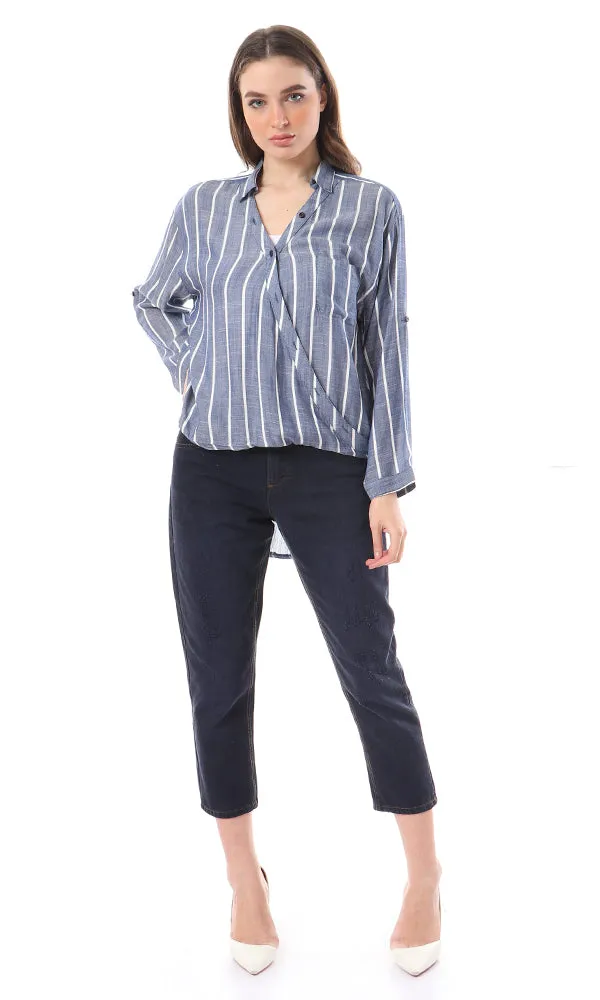 57940 Stripes V-Neck High-Low Shirt - Heather Navy Blue & White