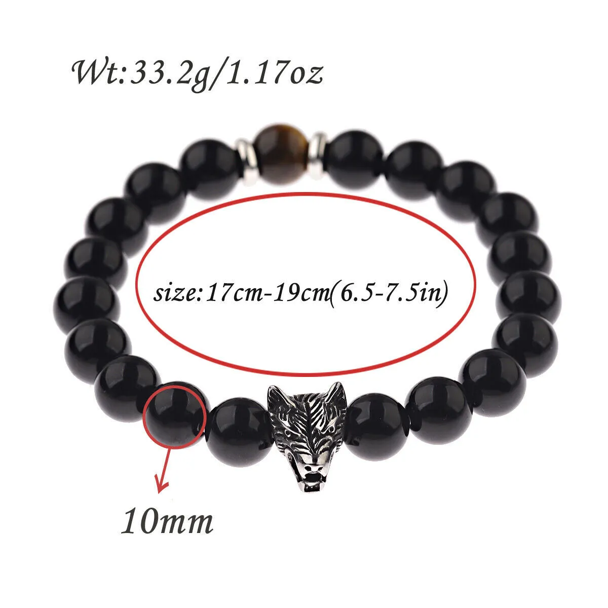 8mm Black Lava Rock Round Bead Wolf Bracelet