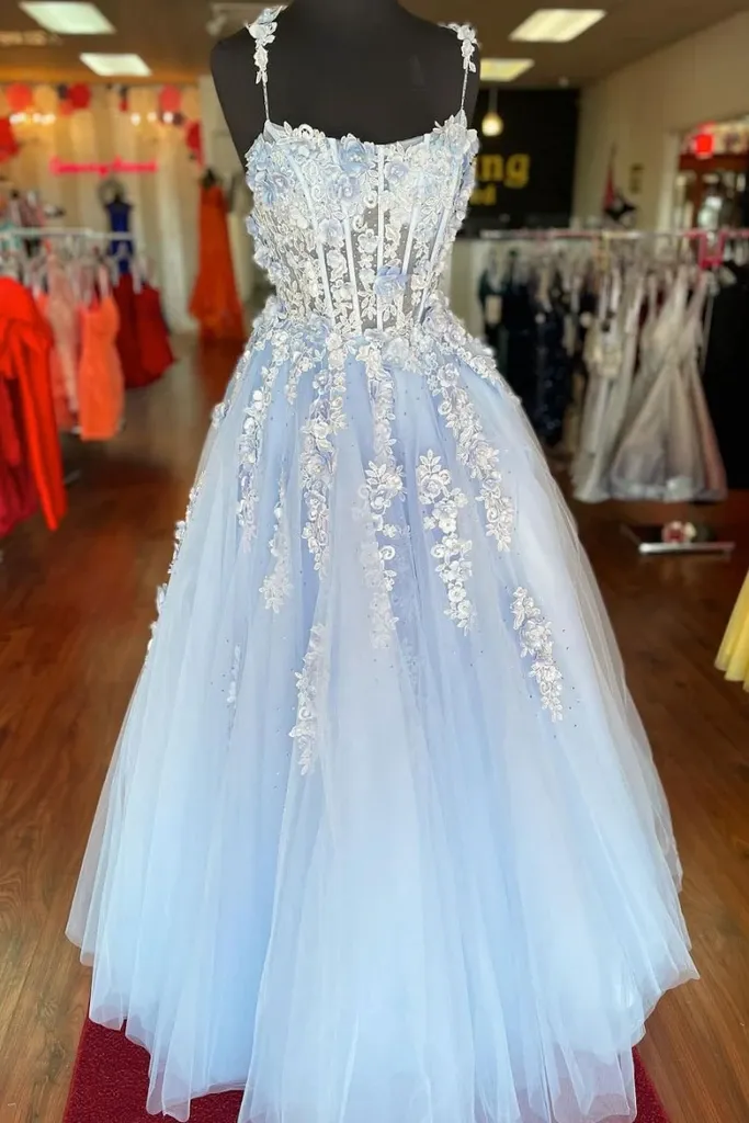 A Line Lace Tulle  Appliques Blue Long Prom Dresses,  Lace Floral Blue Formal Graduation Evening Dresses