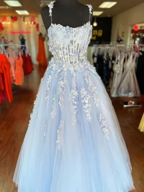 A Line Lace Tulle  Appliques Blue Long Prom Dresses,  Lace Floral Blue Formal Graduation Evening Dresses