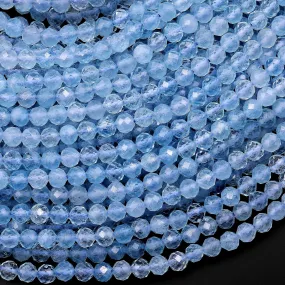 AAA Faceted Natural Blue Aquamarine 4mm Round Beads Extra Translucent Micro Laser Diamond Cut Gemstone 15.5" Strand