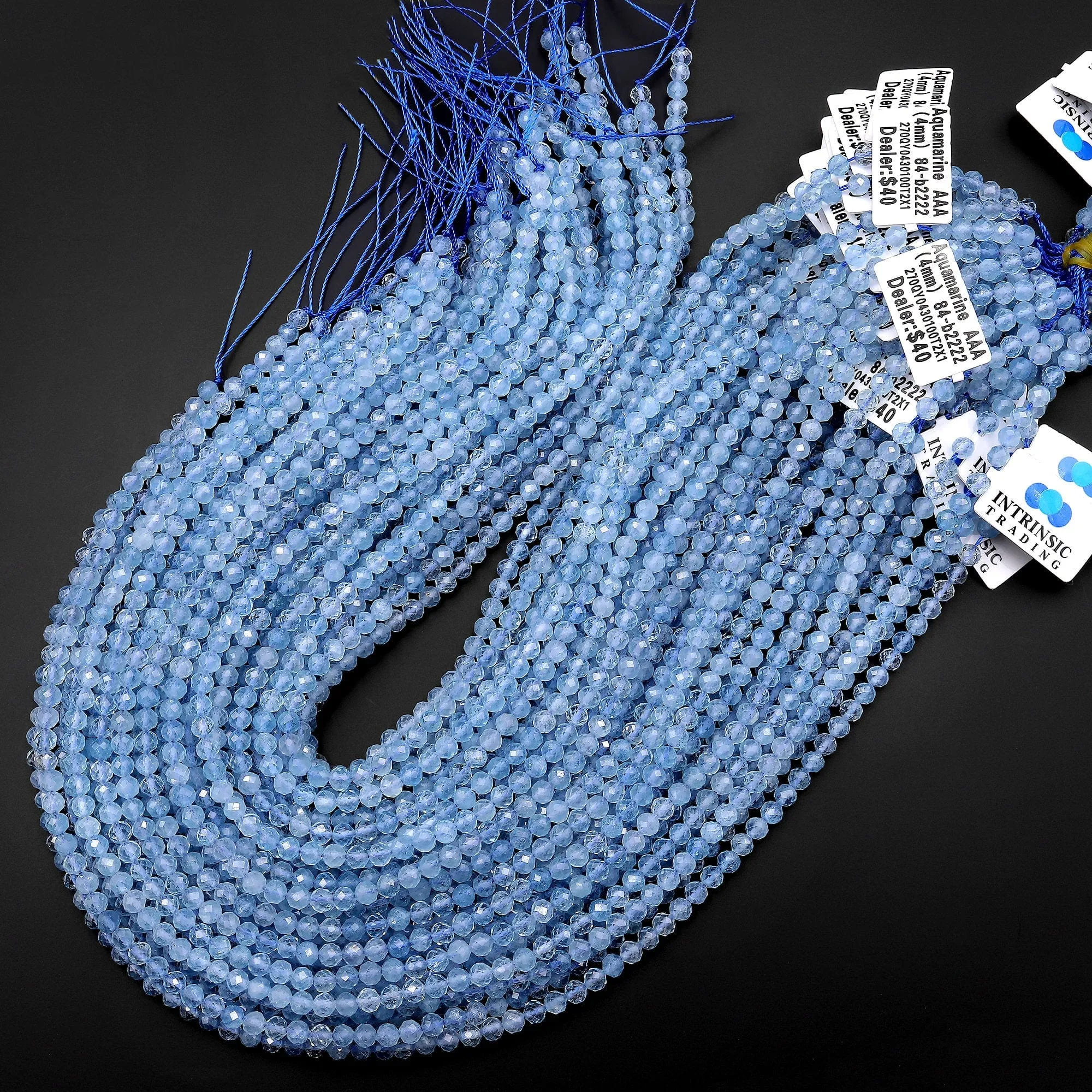 AAA Faceted Natural Blue Aquamarine 4mm Round Beads Extra Translucent Micro Laser Diamond Cut Gemstone 15.5" Strand