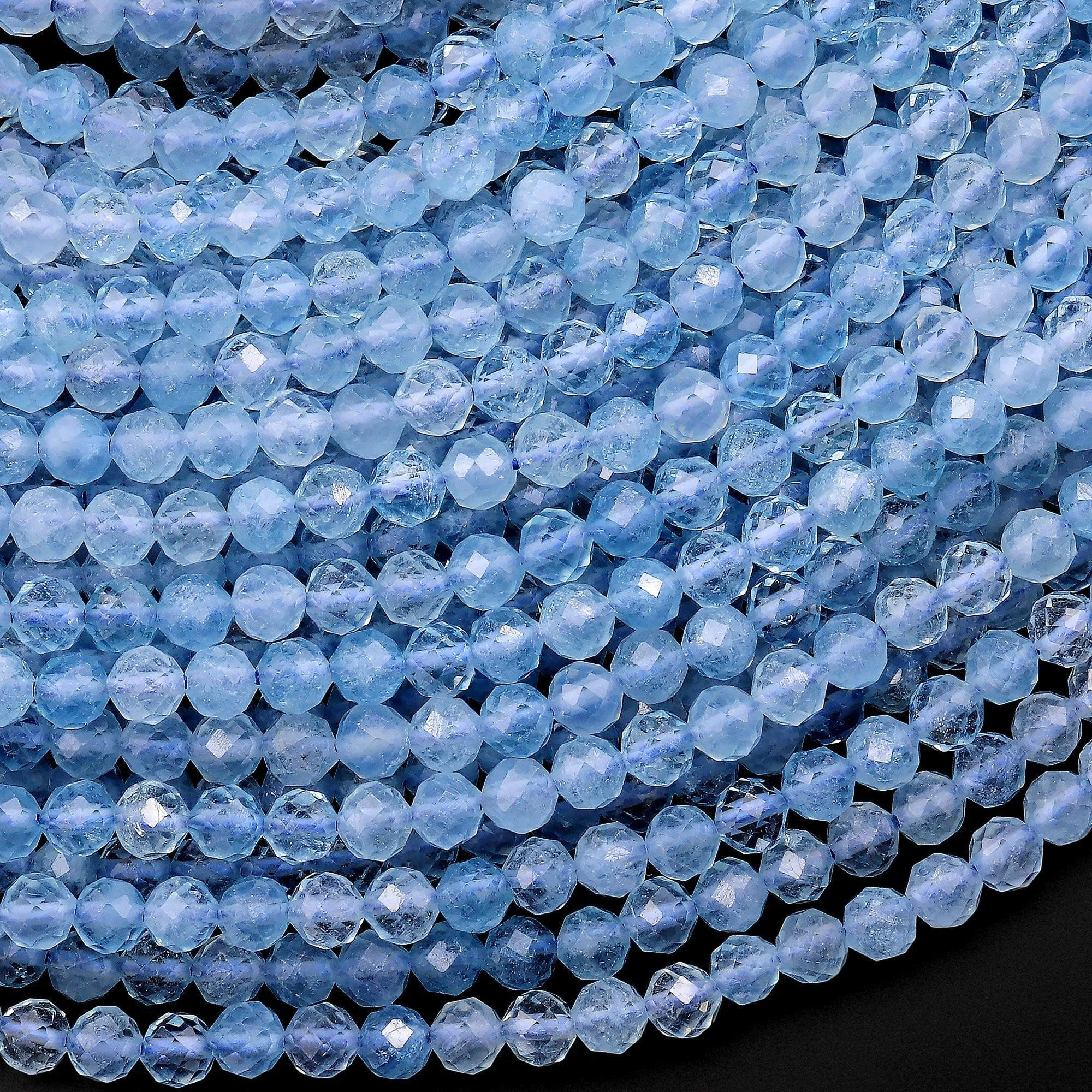 AAA Faceted Natural Blue Aquamarine 4mm Round Beads Extra Translucent Micro Laser Diamond Cut Gemstone 15.5" Strand