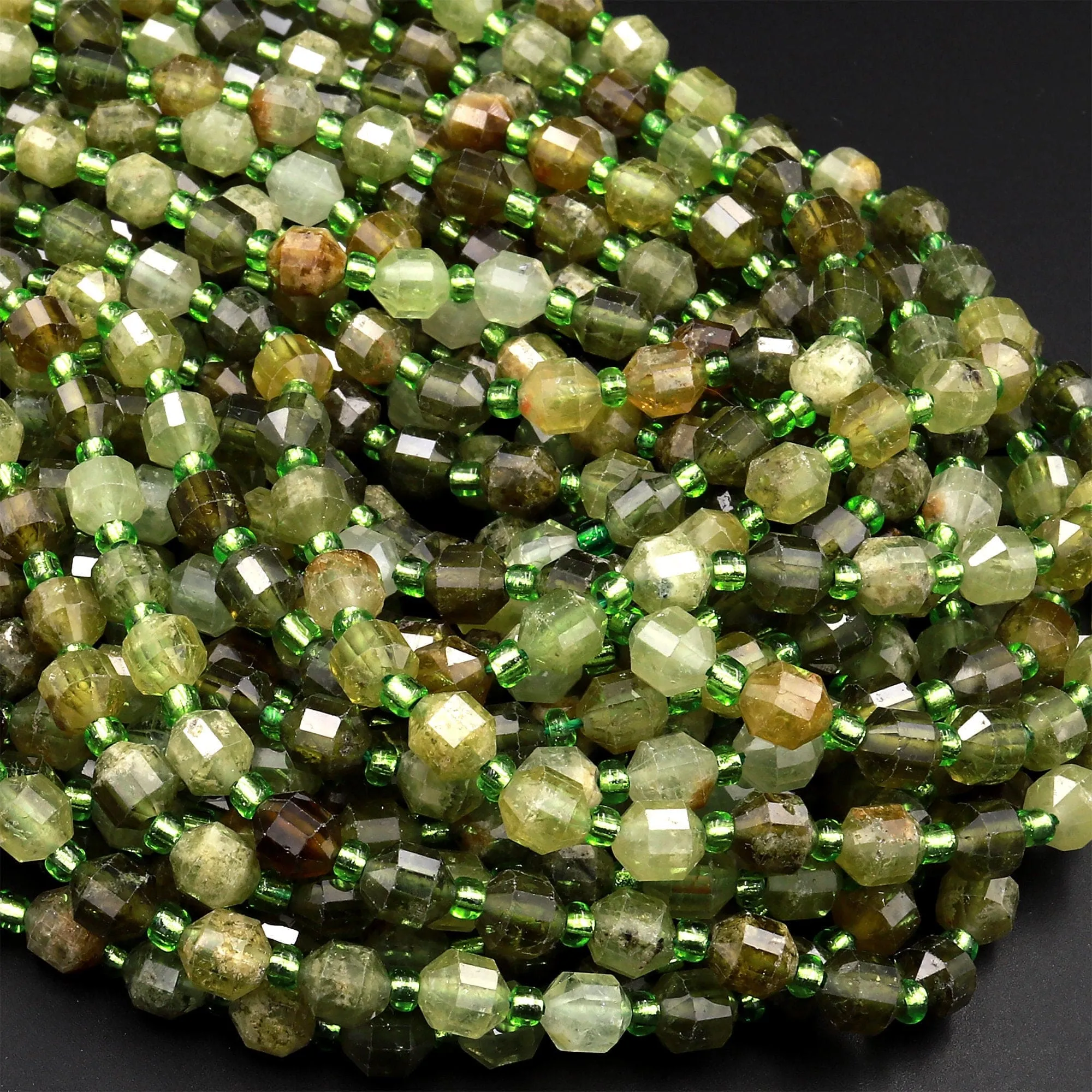 AAA Faceted Natural Green Garnet 6mm Beads Energy Prism Double Terminated Point Cut Gemstone 15.5" Strand