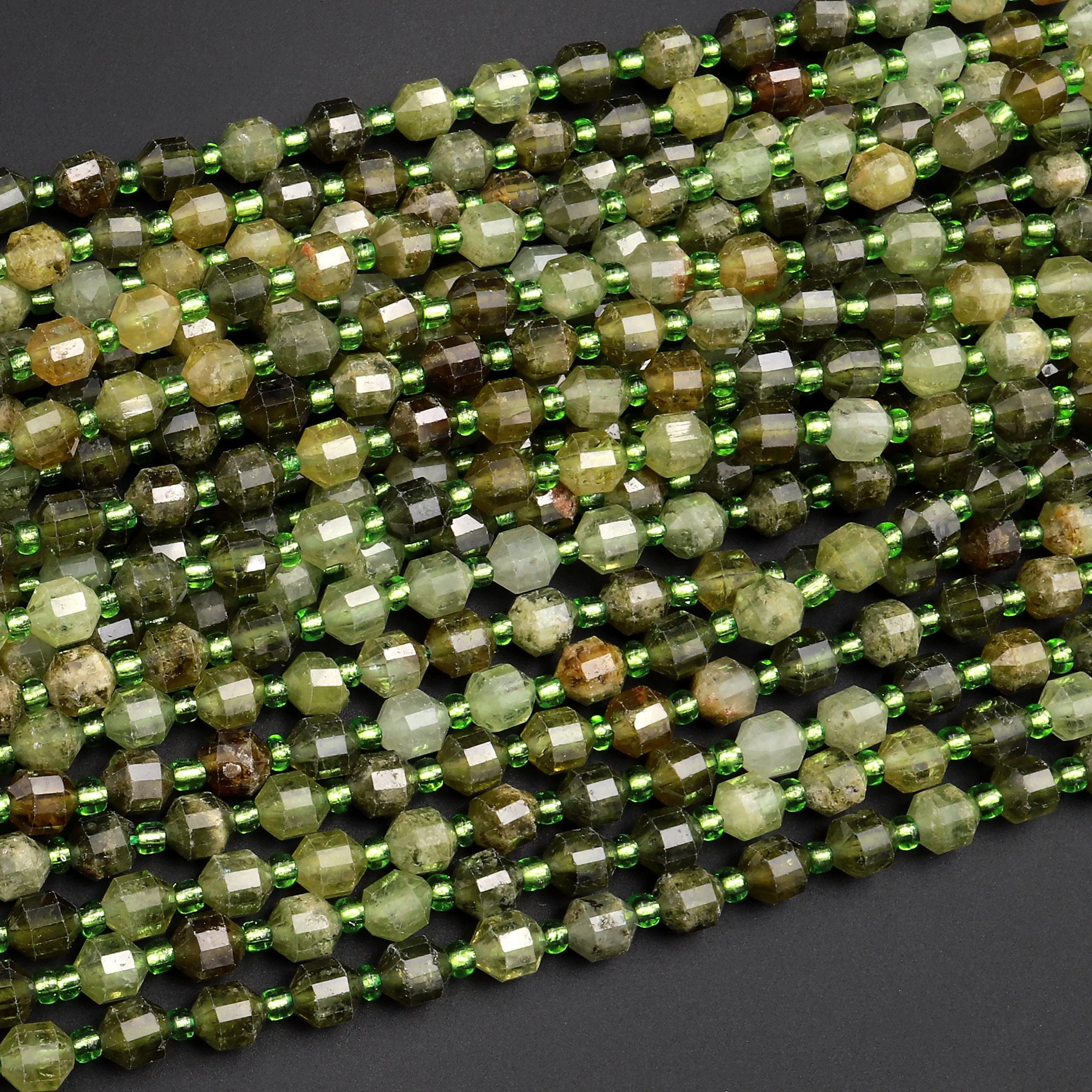 AAA Faceted Natural Green Garnet 6mm Beads Energy Prism Double Terminated Point Cut Gemstone 15.5" Strand