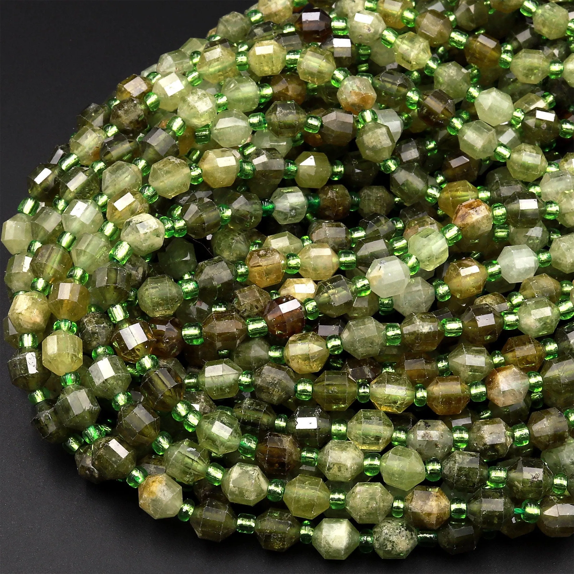 AAA Faceted Natural Green Garnet 6mm Beads Energy Prism Double Terminated Point Cut Gemstone 15.5" Strand