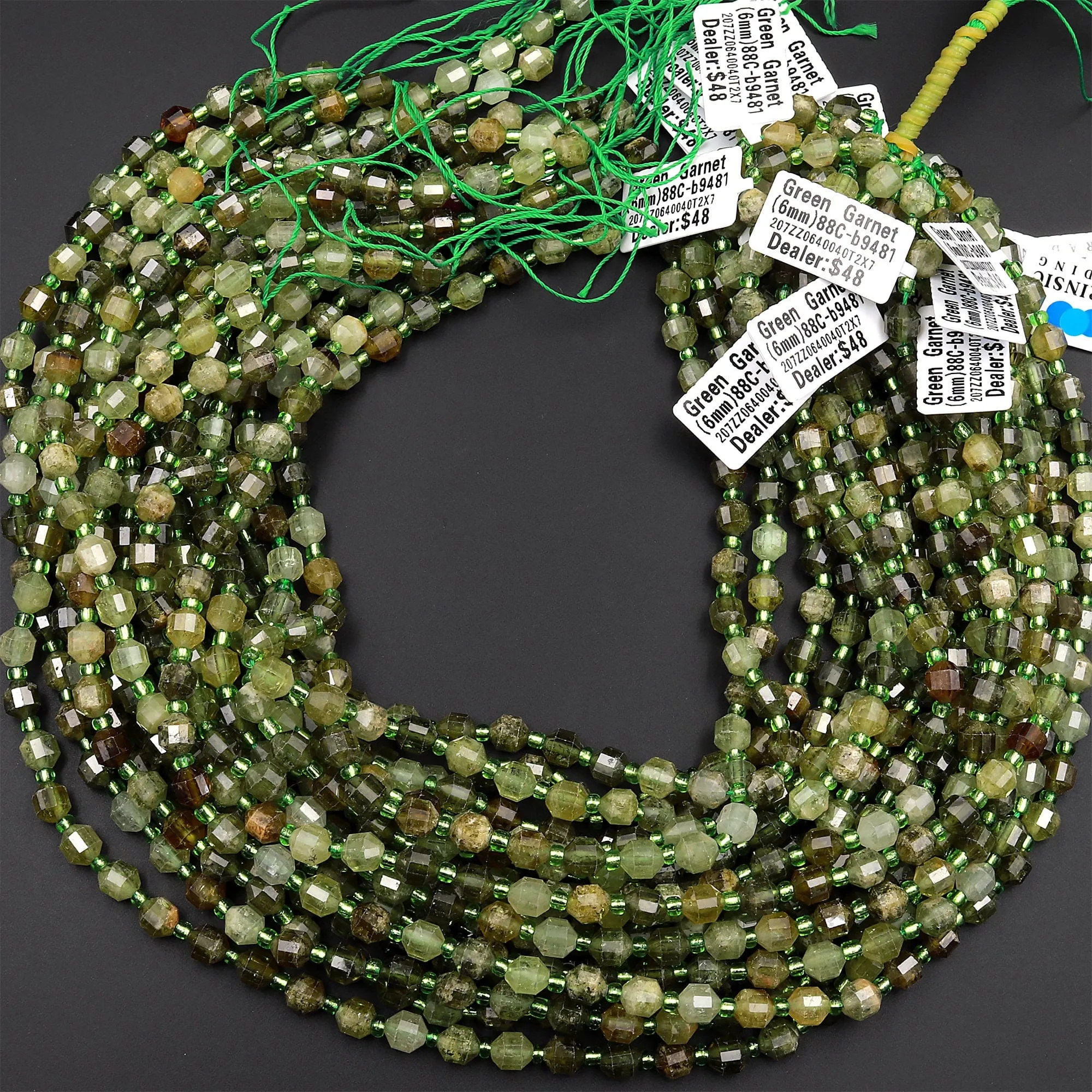 AAA Faceted Natural Green Garnet 6mm Beads Energy Prism Double Terminated Point Cut Gemstone 15.5" Strand