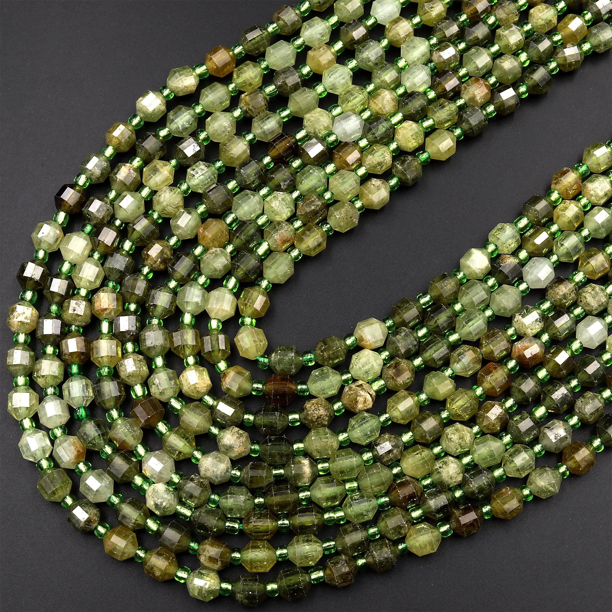 AAA Faceted Natural Green Garnet 6mm Beads Energy Prism Double Terminated Point Cut Gemstone 15.5" Strand