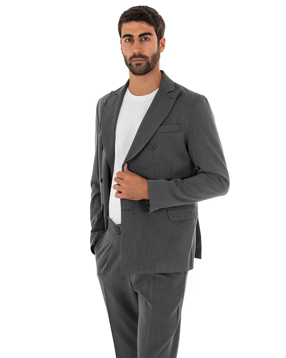 Abito Uomo Doppiopetto Completo Viscosa Grigio Sartoriale Giacca Pantaloni Elegante Casual GIOSAL-OU2086A