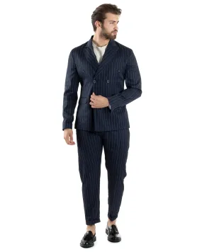 Abito Uomo Doppiopetto Vestito Completo Giacca Pantaloni Blu Gessato Elegante Casual GIOSAL-AE1053A