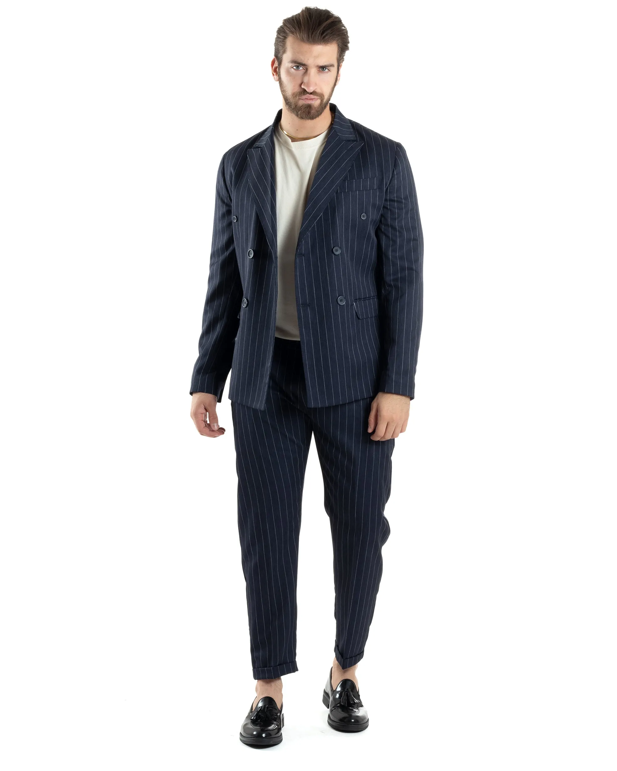 Abito Uomo Doppiopetto Vestito Completo Giacca Pantaloni Blu Gessato Elegante Casual GIOSAL-AE1053A