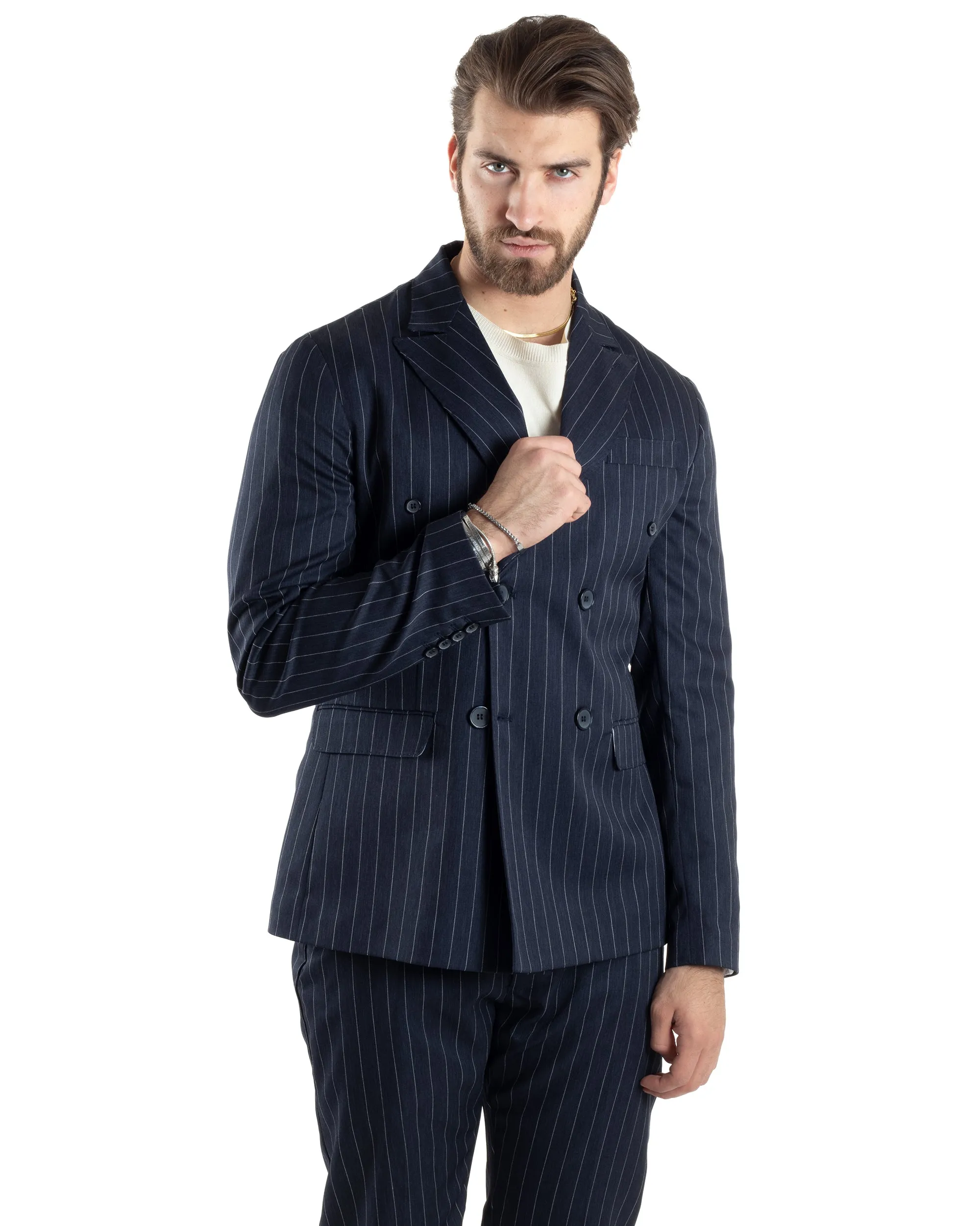 Abito Uomo Doppiopetto Vestito Completo Giacca Pantaloni Blu Gessato Elegante Casual GIOSAL-AE1053A