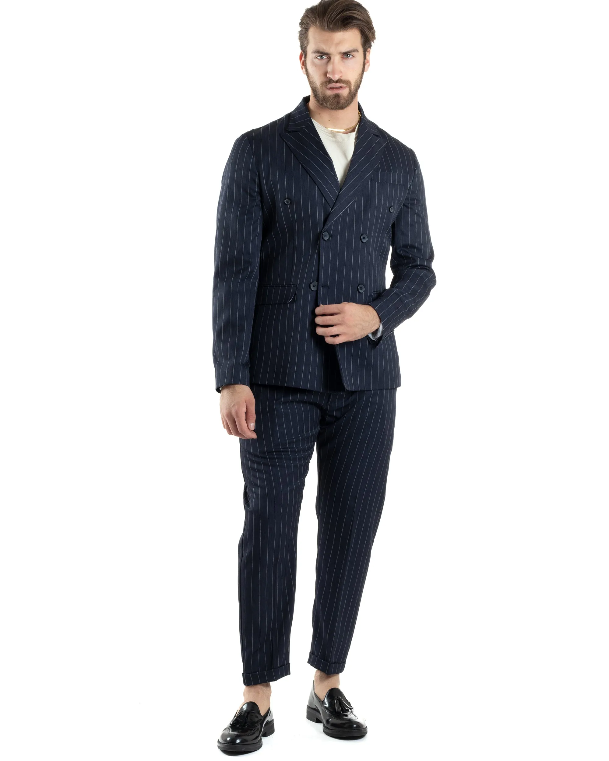 Abito Uomo Doppiopetto Vestito Completo Giacca Pantaloni Blu Gessato Elegante Casual GIOSAL-AE1053A