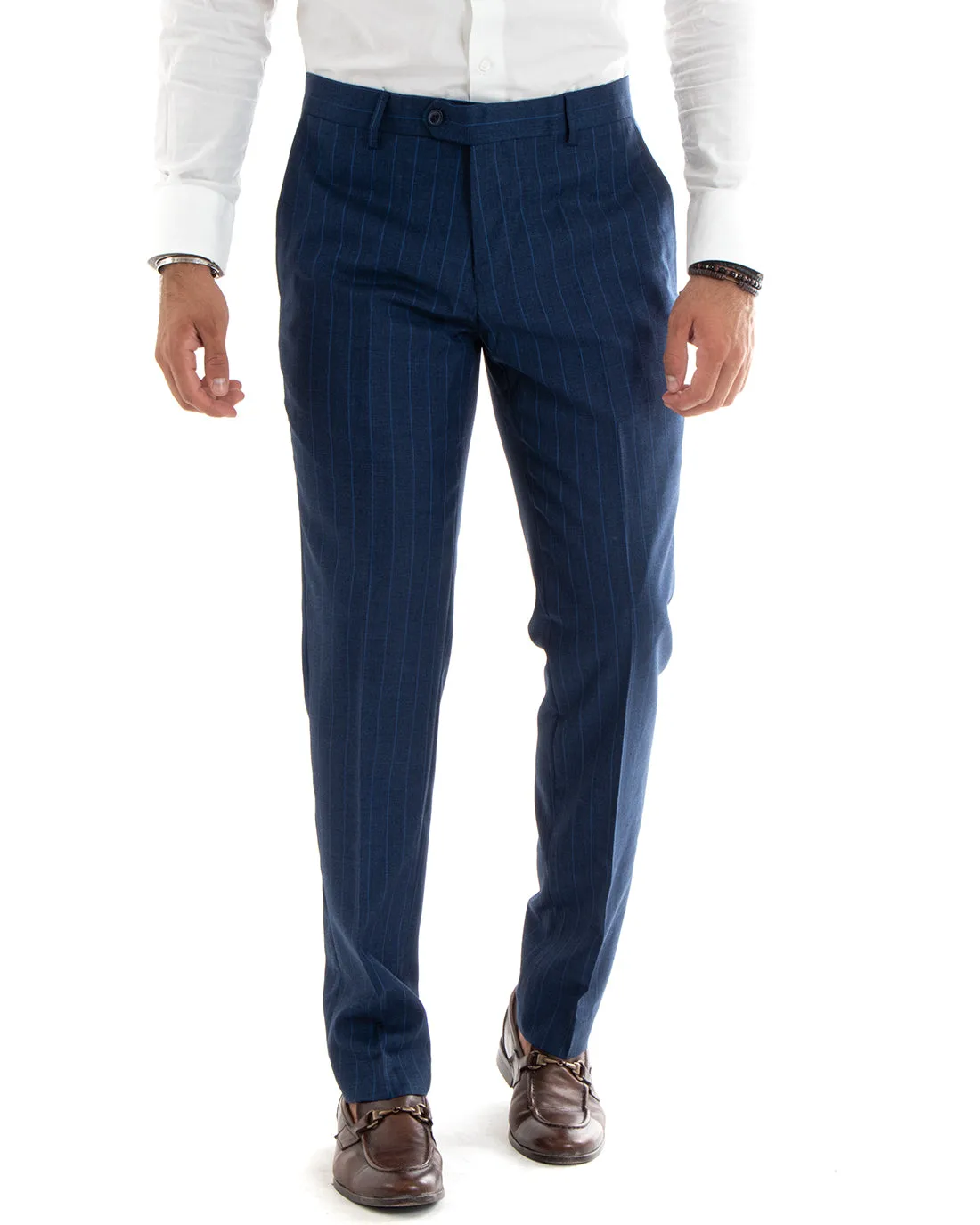 Abito Uomo Doppiopetto Vestito Completo Giacca Pantaloni Blu Gessato Elegante Casual GIOSAL-OU2404A