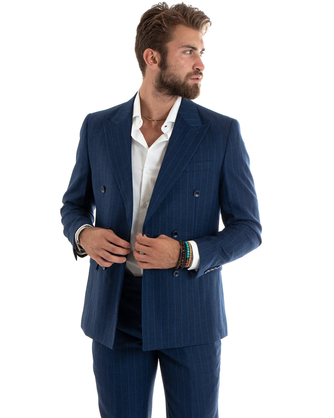 Abito Uomo Doppiopetto Vestito Completo Giacca Pantaloni Blu Gessato Elegante Casual GIOSAL-OU2404A