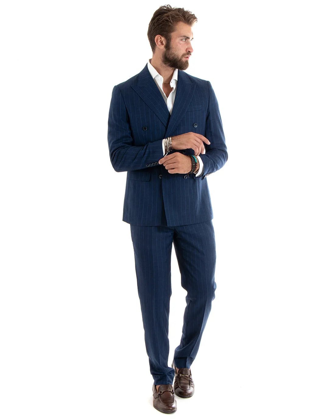 Abito Uomo Doppiopetto Vestito Completo Giacca Pantaloni Blu Gessato Elegante Casual GIOSAL-OU2404A