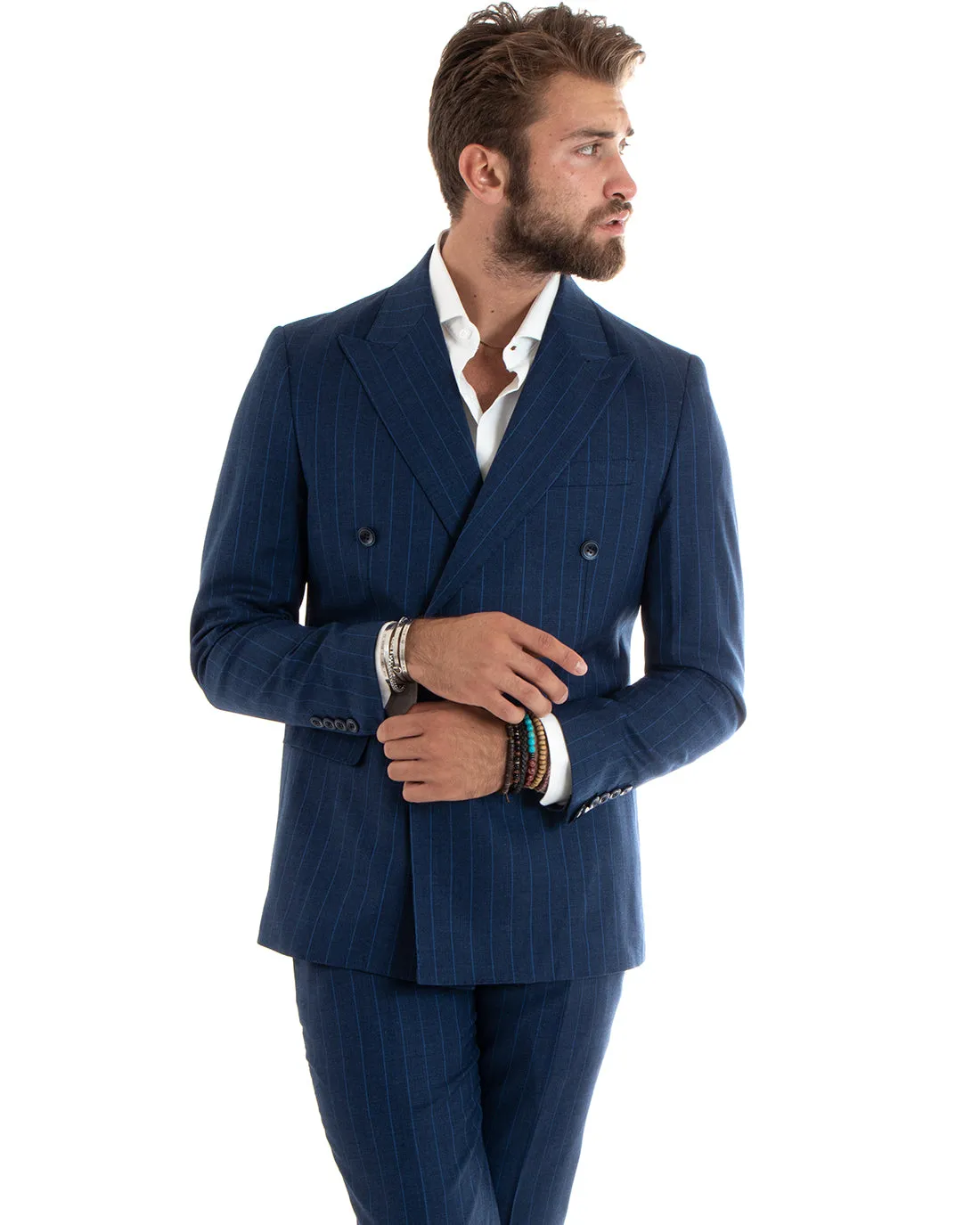 Abito Uomo Doppiopetto Vestito Completo Giacca Pantaloni Blu Gessato Elegante Casual GIOSAL-OU2404A