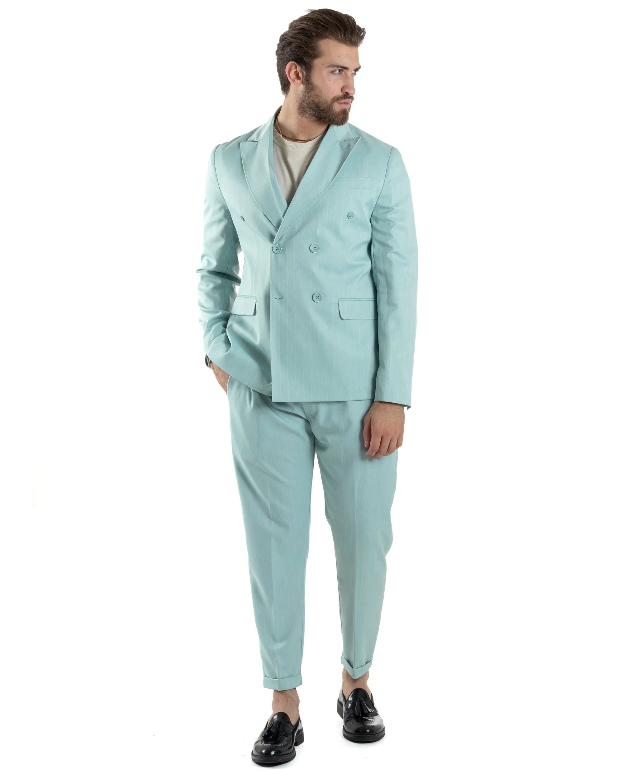 Abito Uomo Doppiopetto Vestito Completo Giacca Pantaloni Verde Acqua Gessato Elegante Casual GIOSAL-AE1052A