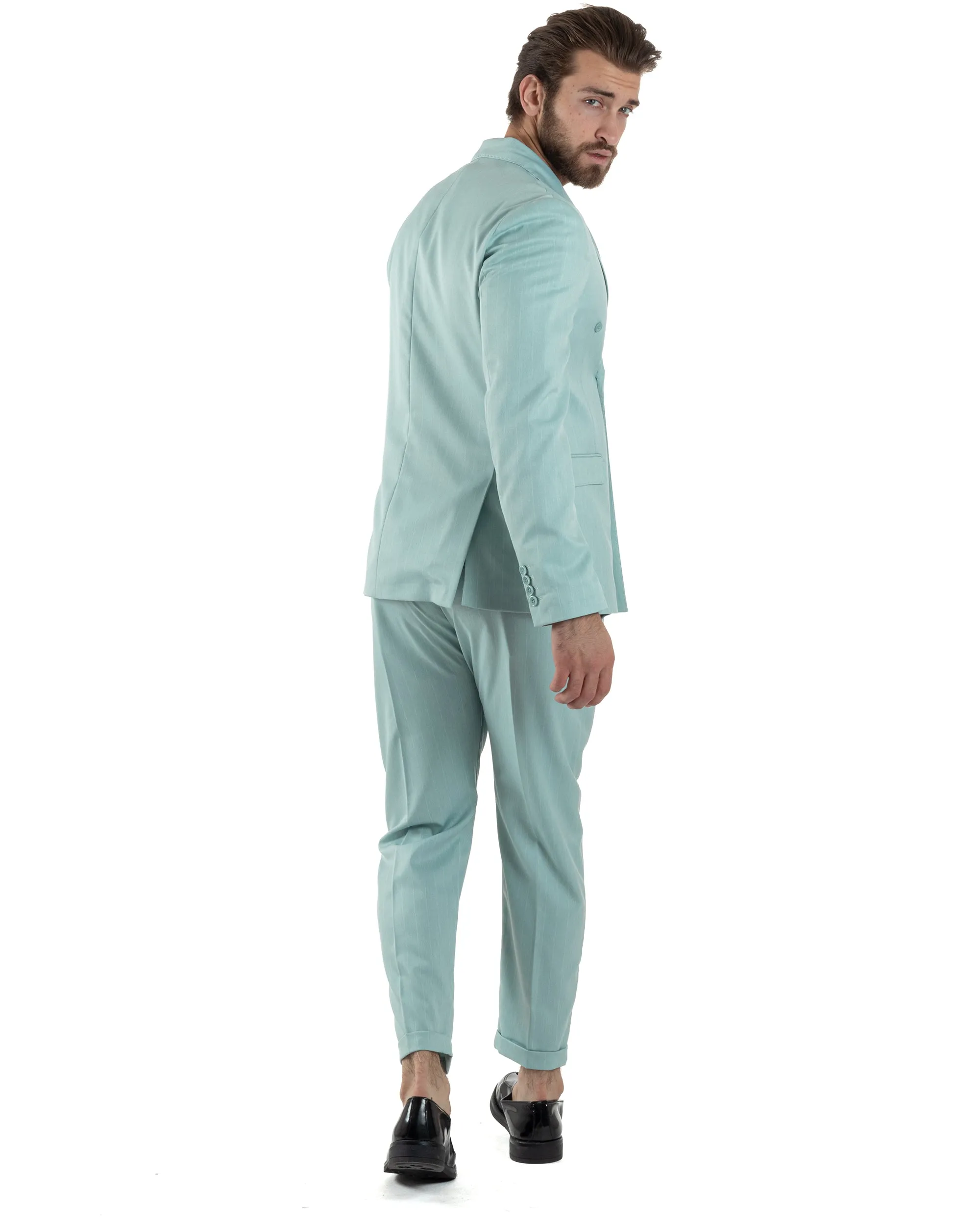 Abito Uomo Doppiopetto Vestito Completo Giacca Pantaloni Verde Acqua Gessato Elegante Casual GIOSAL-AE1052A