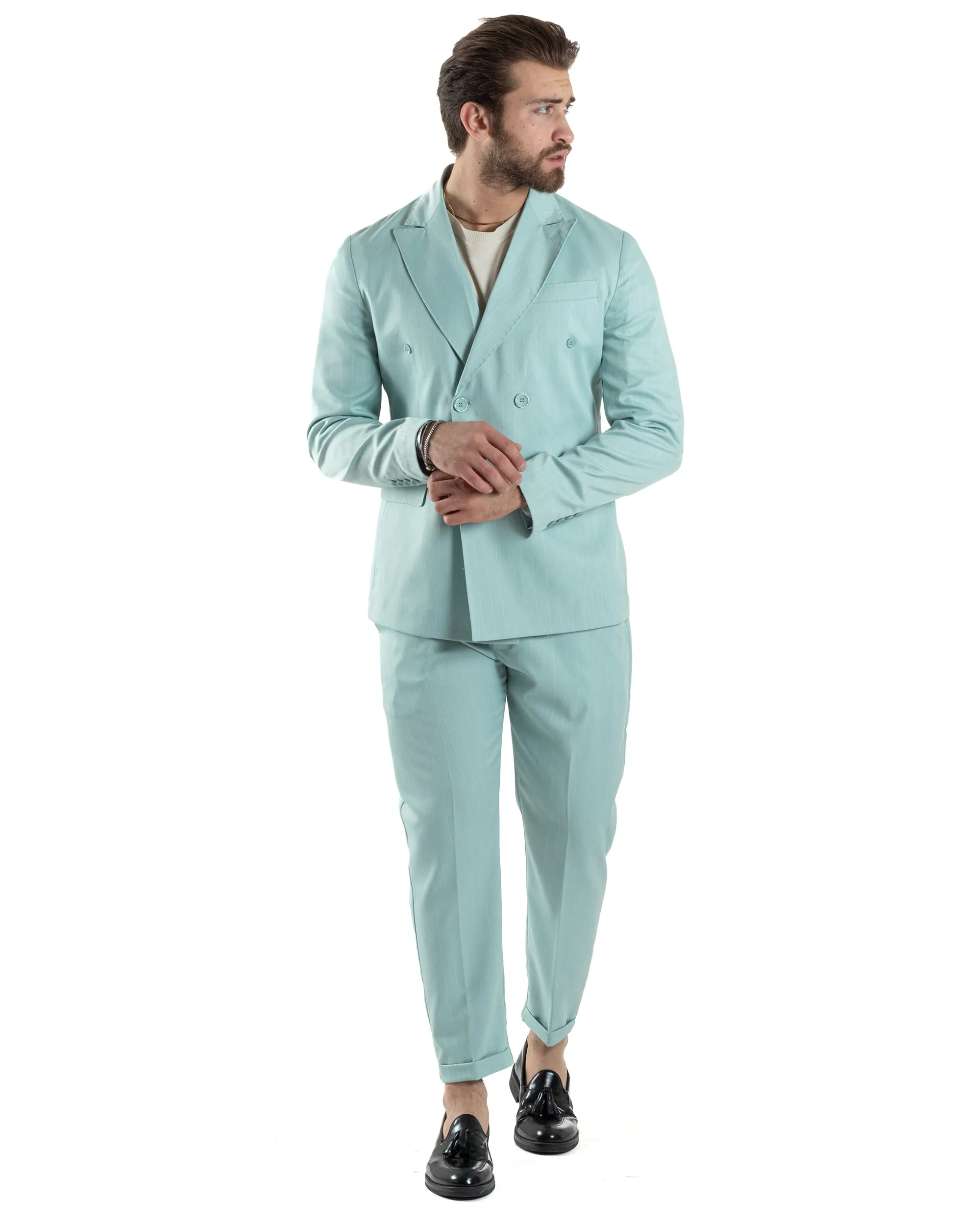 Abito Uomo Doppiopetto Vestito Completo Giacca Pantaloni Verde Acqua Gessato Elegante Casual GIOSAL-AE1052A