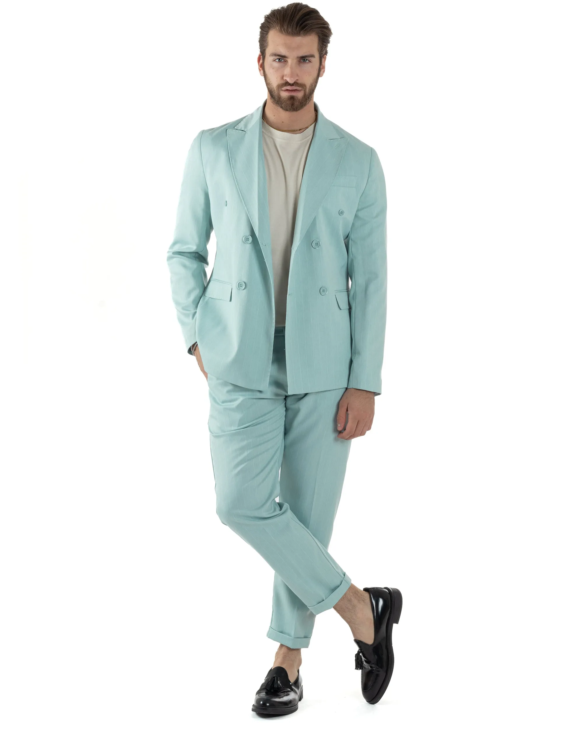 Abito Uomo Doppiopetto Vestito Completo Giacca Pantaloni Verde Acqua Gessato Elegante Casual GIOSAL-AE1052A