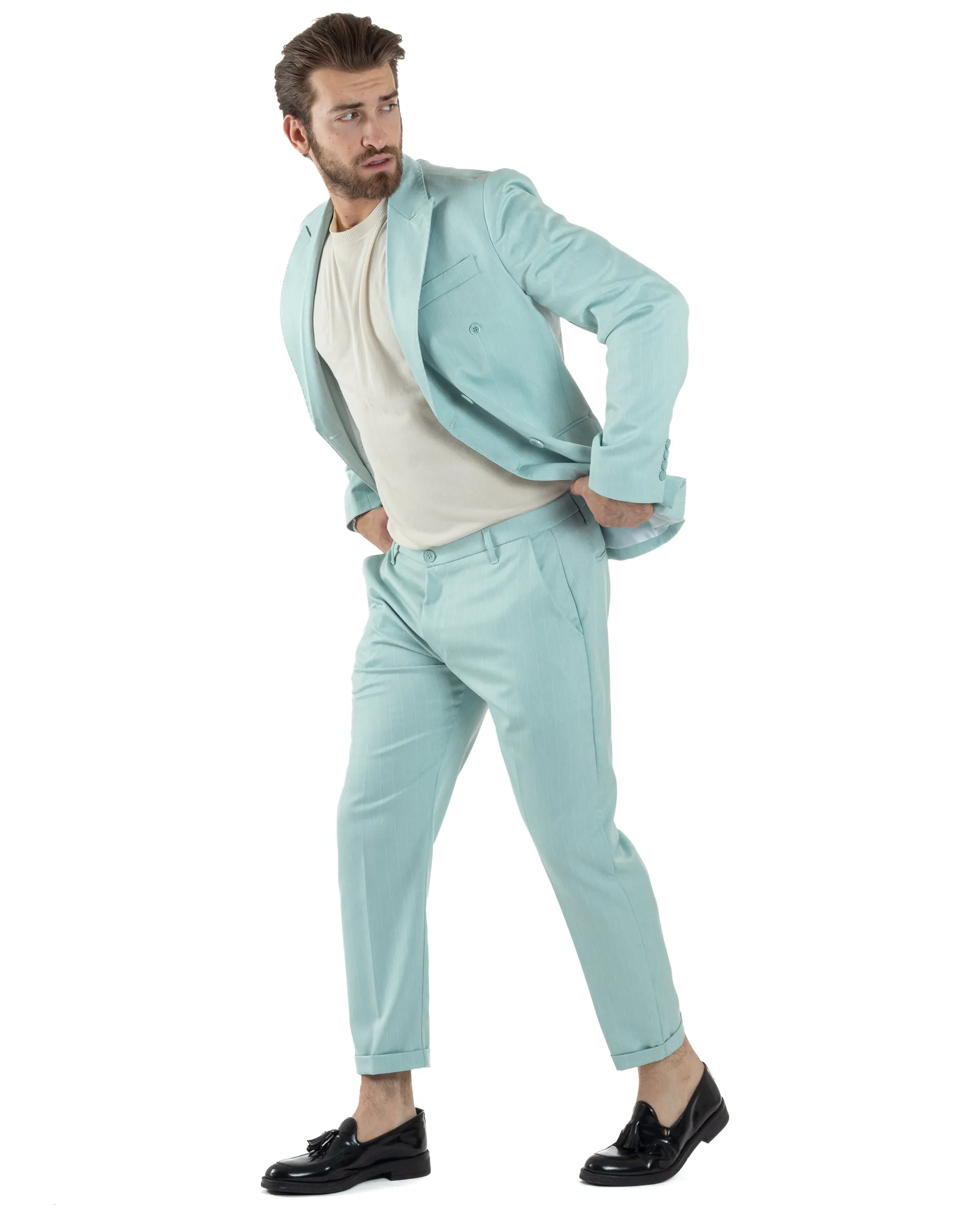 Abito Uomo Doppiopetto Vestito Completo Giacca Pantaloni Verde Acqua Gessato Elegante Casual GIOSAL-AE1052A