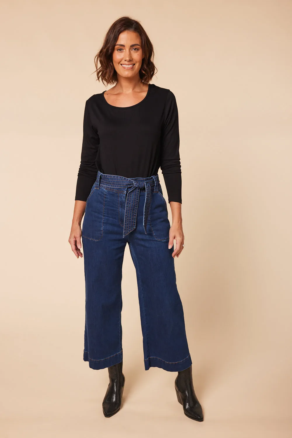 Adrift Denim Waist-Tie Jean in Mid Wash