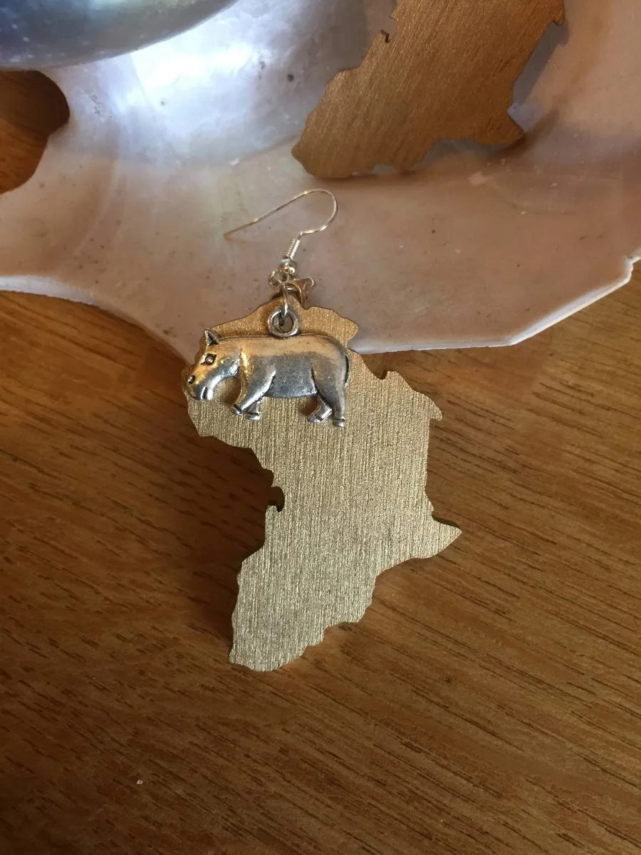 Africa Earrings with Hippo Charm made with Recycled Wood