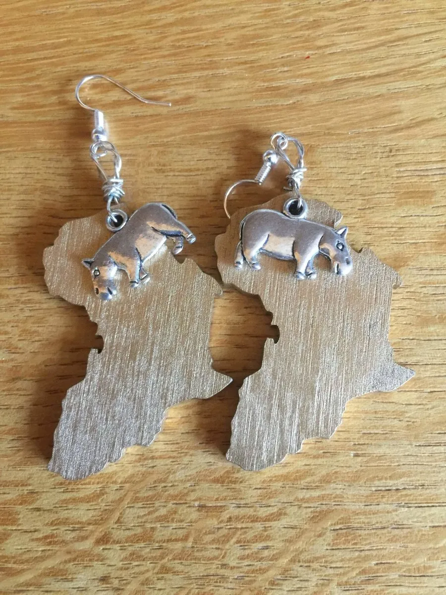 Africa Earrings with Hippo Charm made with Recycled Wood