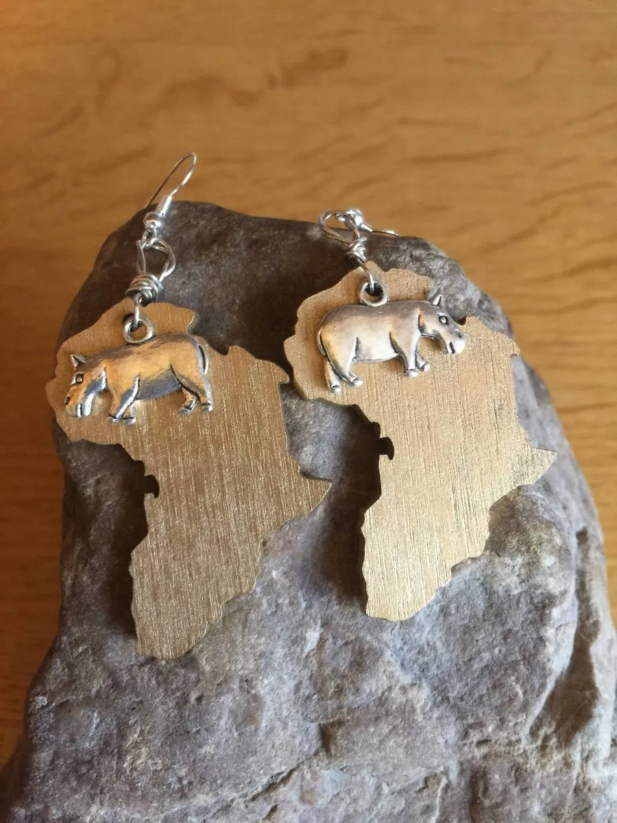 Africa Earrings with Hippo Charm made with Recycled Wood