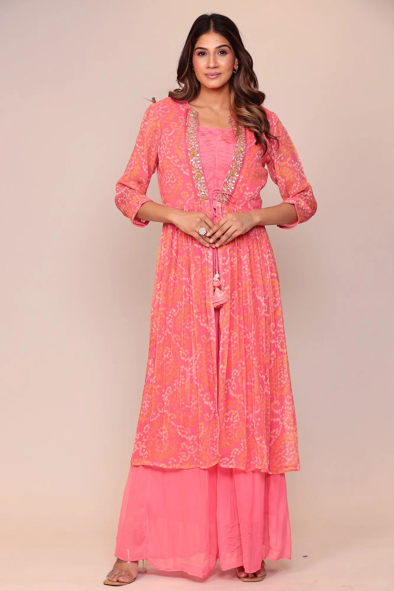 Bandhej Georgette Jacket Style Suit with Gota Patti and Thread work.