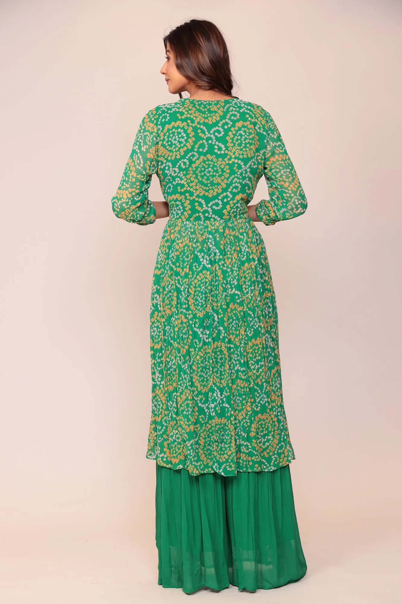 Bandhej Georgette Jacket Style Suit with Gota Patti and Thread work.