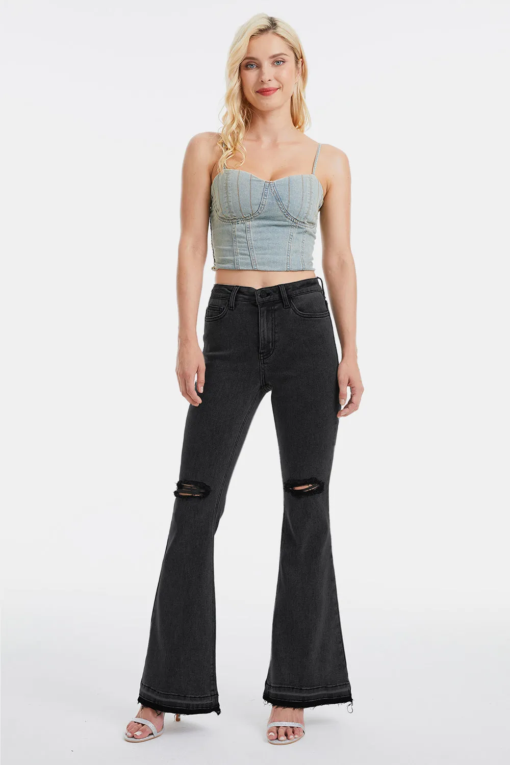 BAYEAS Full Size High Waist Distressed Raw Hem Flare Jeans