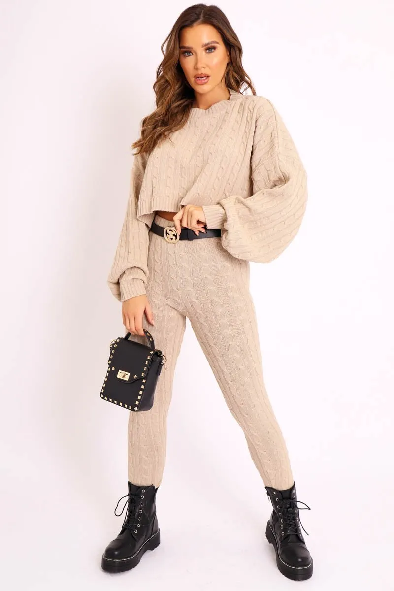 Beige Cable Knit Batwing Jumper Loungewear Set - Janea