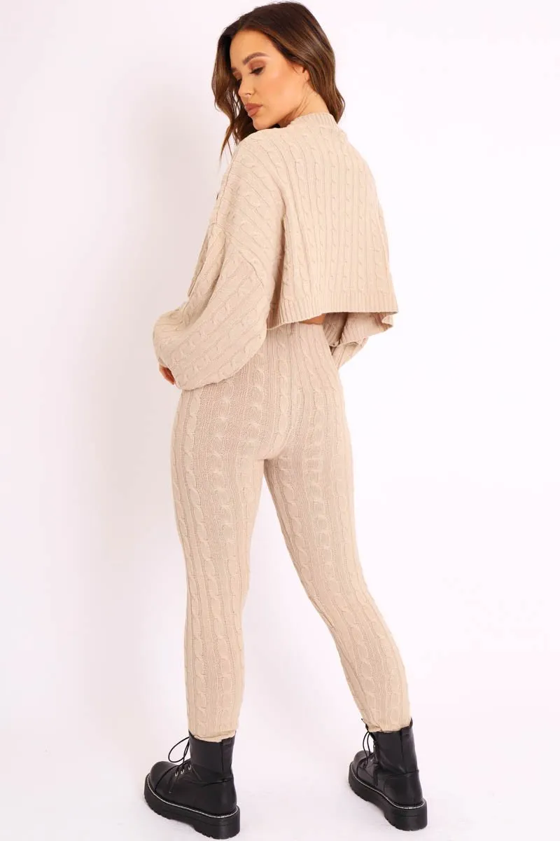 Beige Cable Knit Batwing Jumper Loungewear Set - Janea